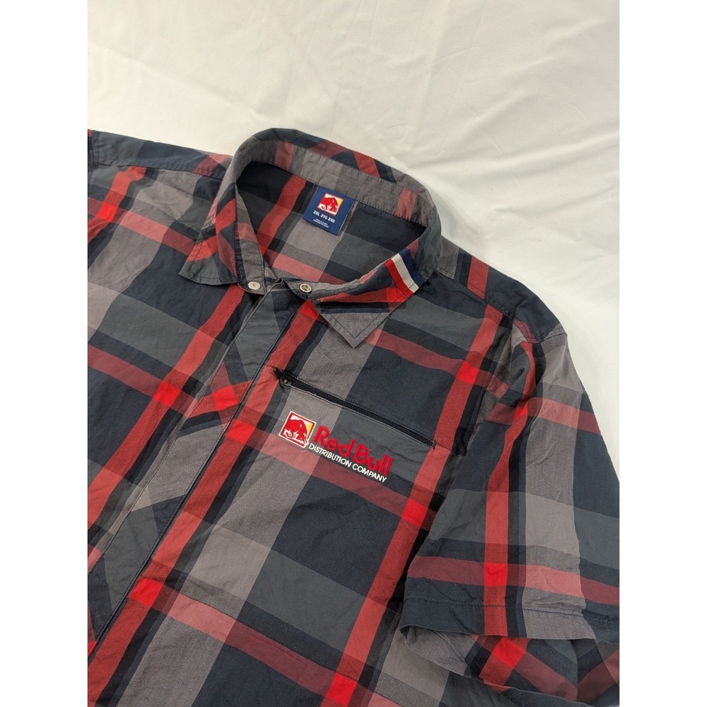 Red Bull Distribution Shirt Plaid Snap Down Red Gray Short Sleeve Mens‎ sz 2XL